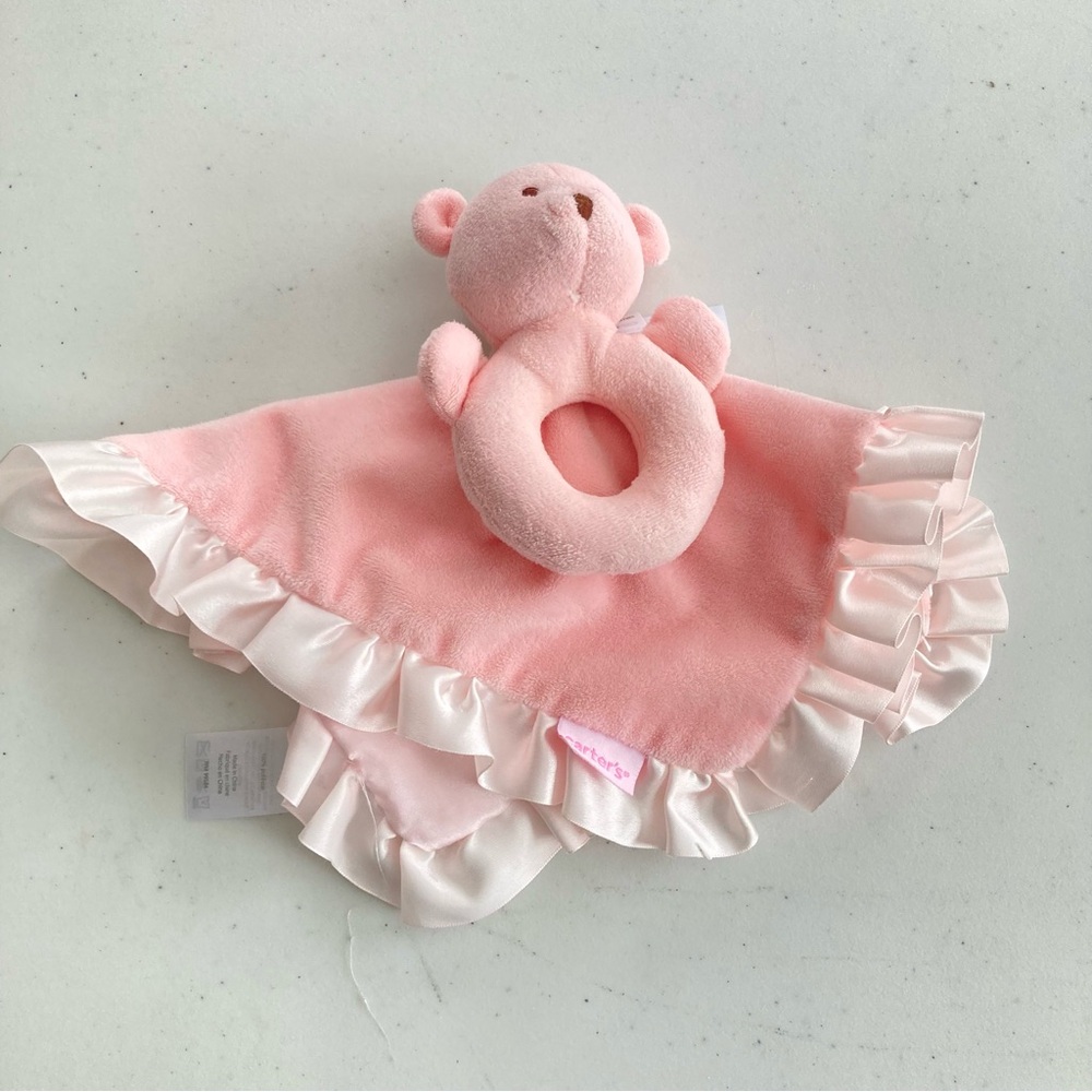 Carter's Teddy Rattle Lovey Security Blanket Plush Satin Pink Ruffle Easy Grip